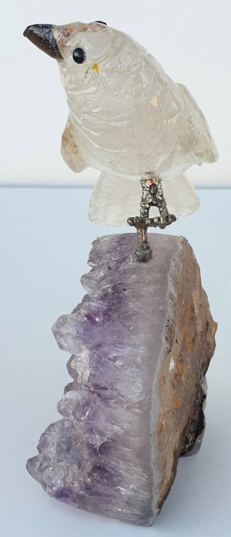 Clear Quartz Crystal Carved Bird on Amethyst Cluster