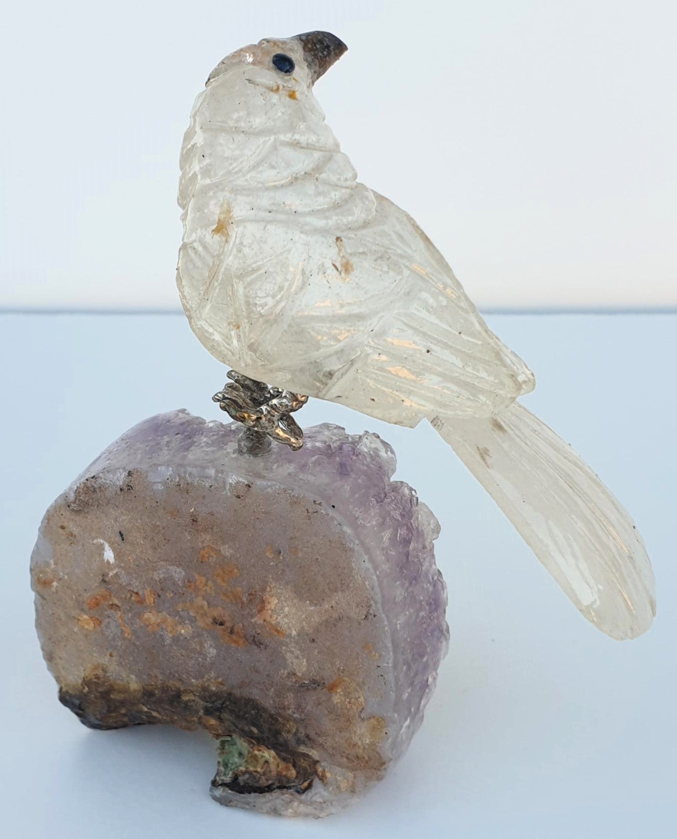 Clear Quartz Crystal Carved Bird on Amethyst Cluster
