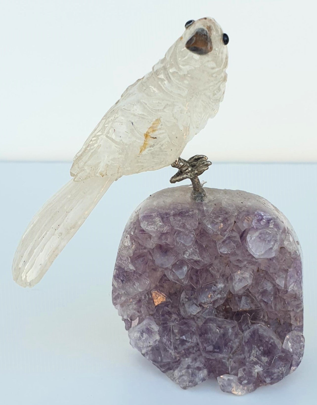 Clear Quartz Crystal Carved Bird on Amethyst Cluster