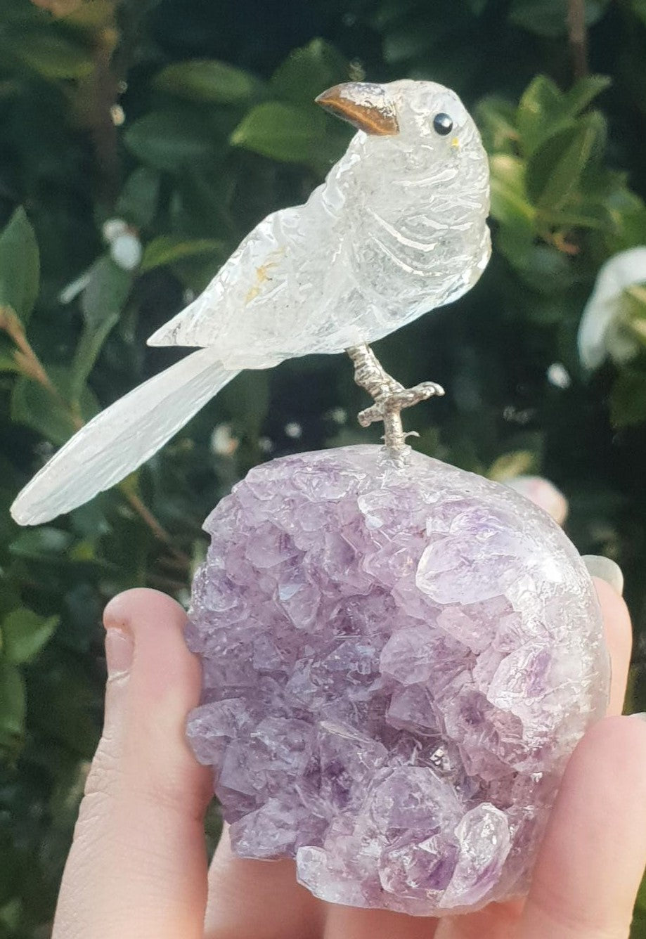 Clear Quartz Crystal Carved Bird on Amethyst Cluster
