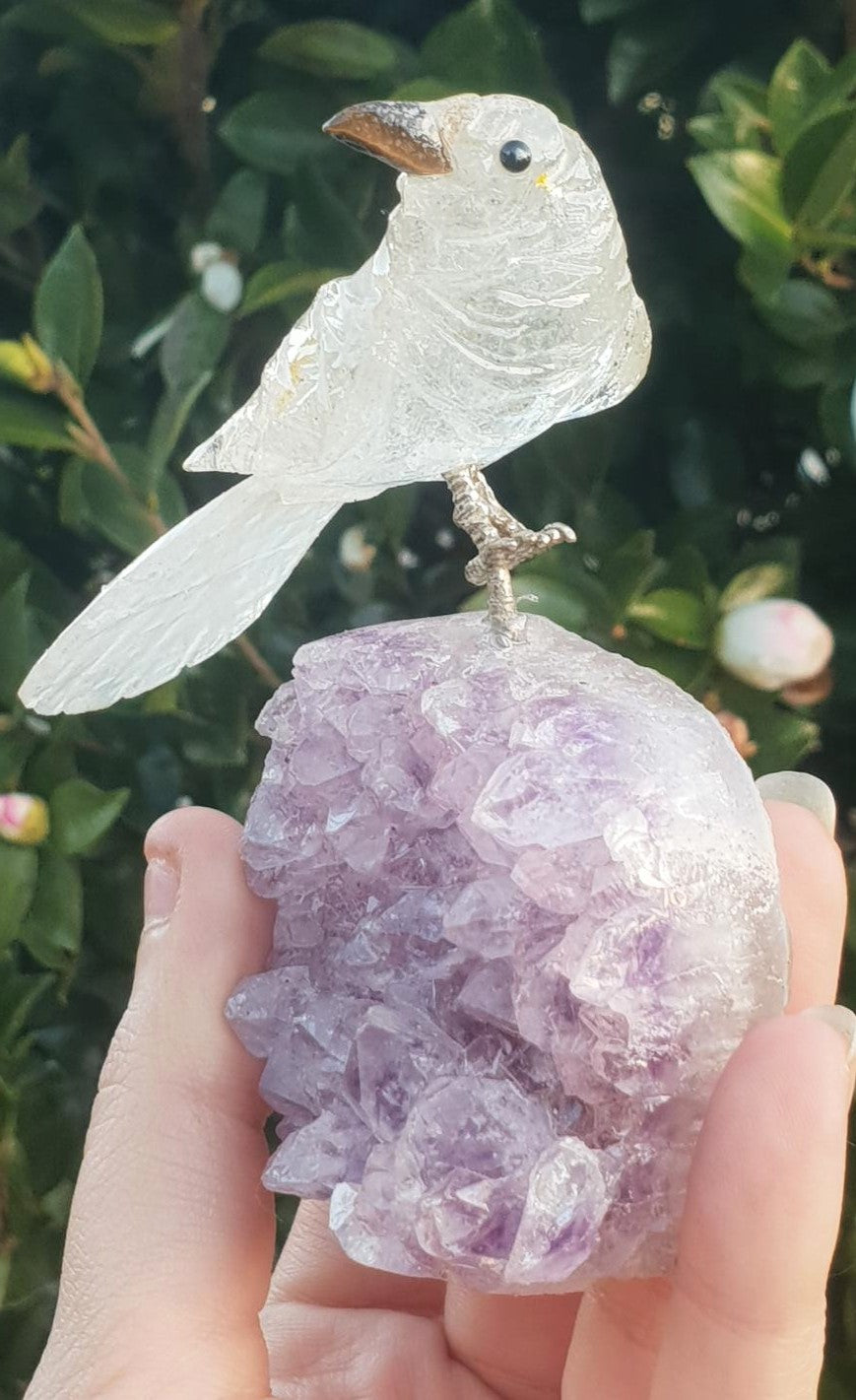 Clear Quartz Crystal Carved Bird on Amethyst Cluster