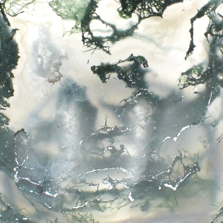 Green moss agate carved into a small polished bowl. stunning formations within and a wavy lining. close up