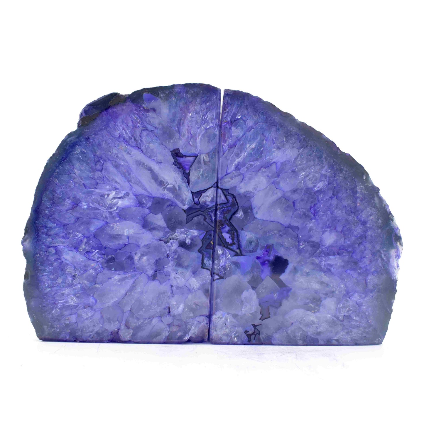 natural agate book ends dyed purple. vibrant colouring with druzy