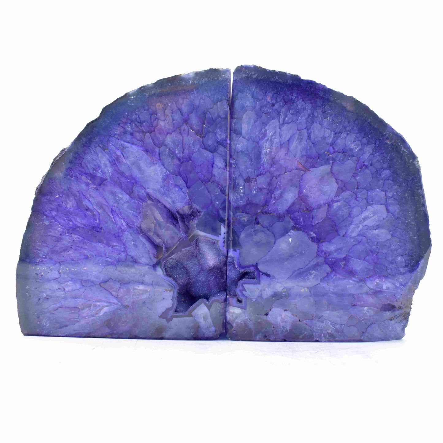 natural agate book ends dyed purple. vibrant colouring with druzy