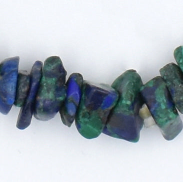 high quality bracelet made using elastic and azurite malachite chips. stunning green and blue colouring on chips. close up