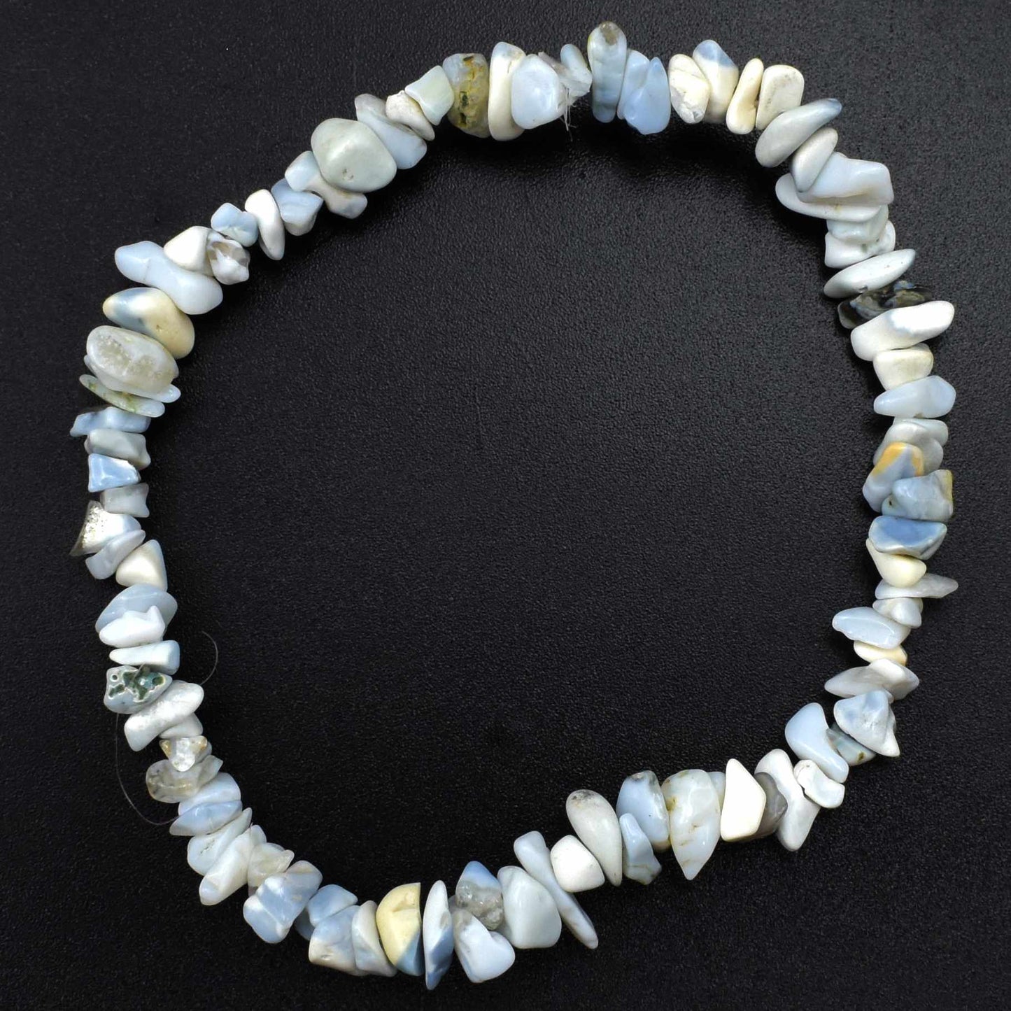 high quality bracelet made using elastic and blue opal chips. stunning pale blue, white chips with some peachy hues. 1 bracelet