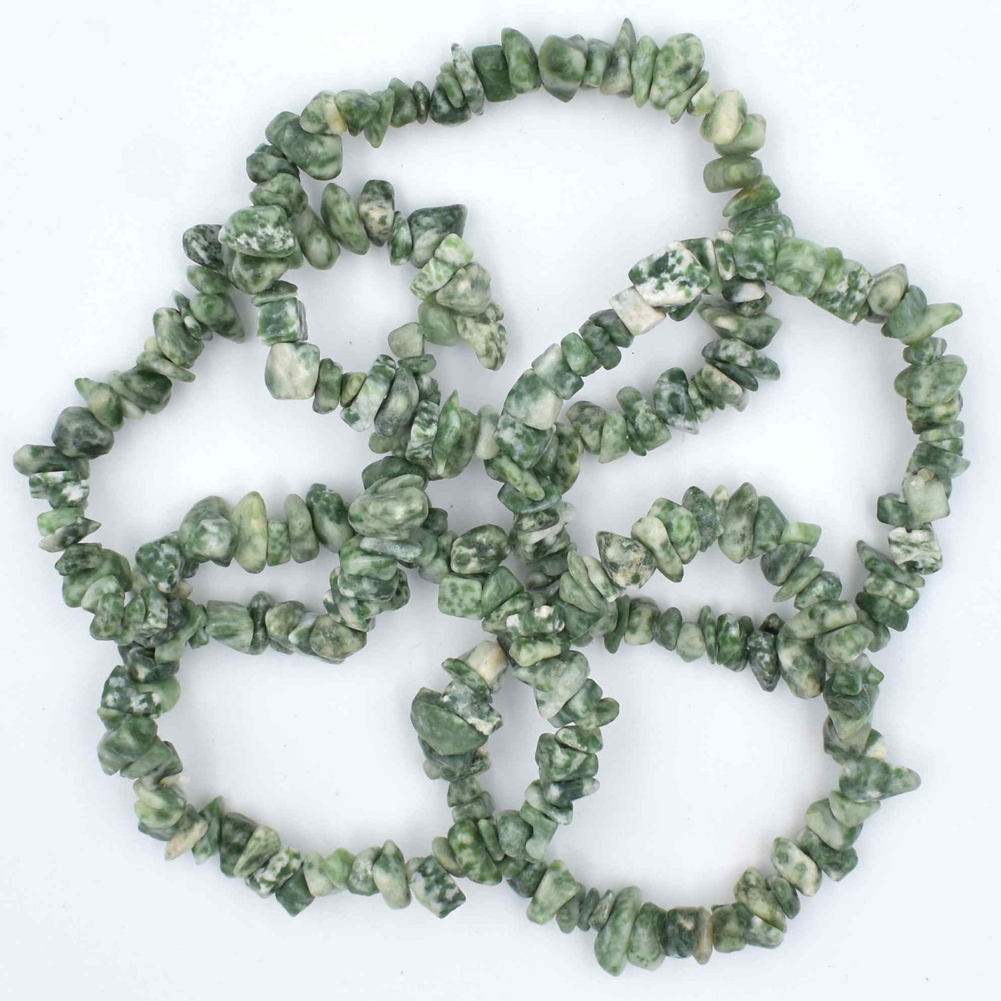 high quality bracelet made using elastic and Green Spot Jade chips. green and white colouring. 5 bracelets