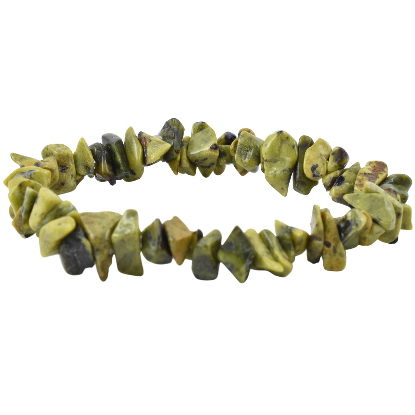 high quality bracelets made using elastic and stichtite in serpentine chips. colour is murky green. 1 bracelet.