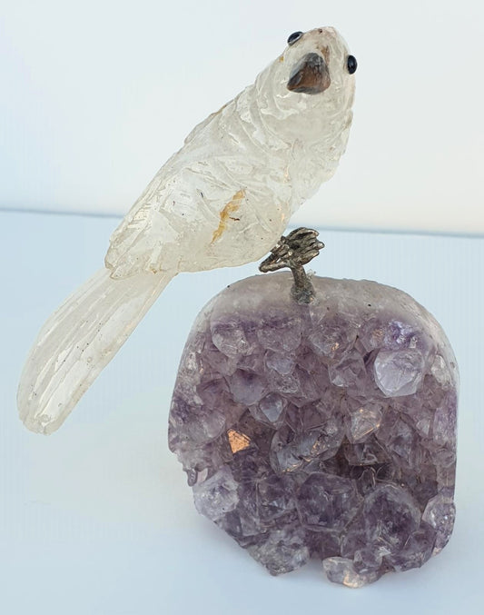 Clear Quartz Crystal Carved Bird on Amethyst Cluster