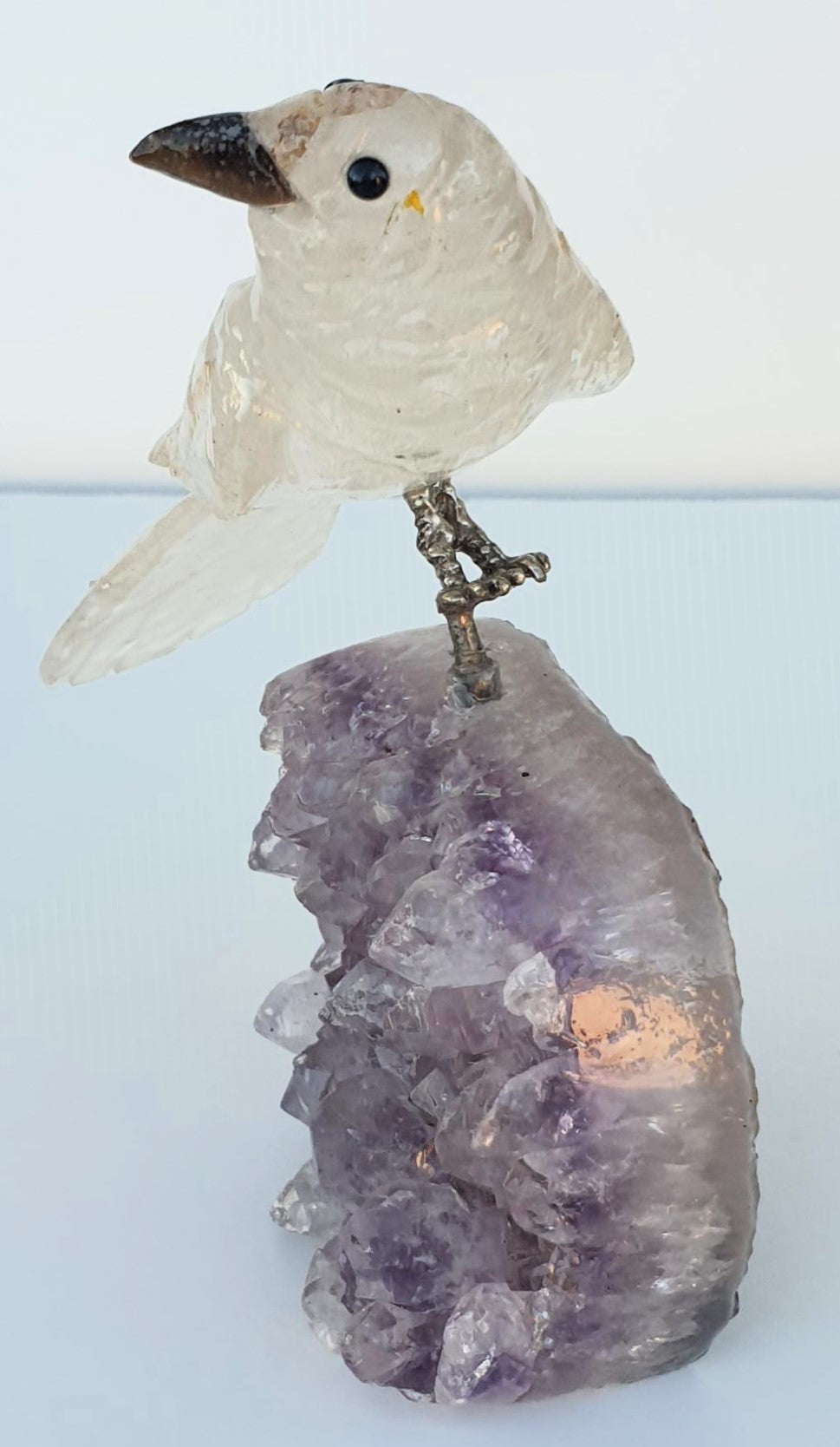 Clear Quartz Crystal Carved Bird on Amethyst Cluster