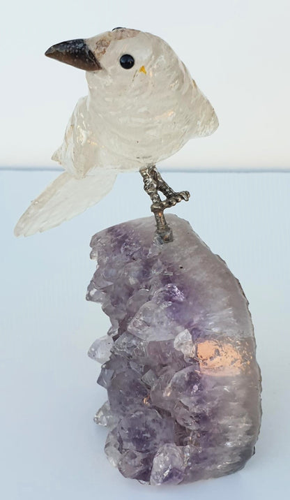 Clear Quartz Crystal Carved Bird on Amethyst Cluster