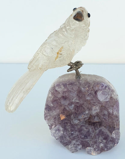 Clear Quartz Crystal Carved Bird on Amethyst Cluster