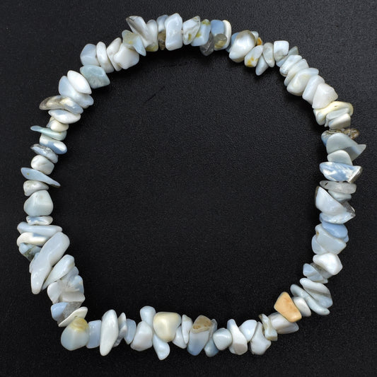 high quality bracelet made using elastic and blue opal chips. stunning pale blue, white chips with some peachy hues. 1 bracelet