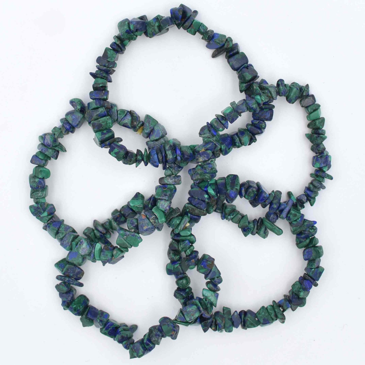 high quality bracelet made using elastic and azurite malachite chips. stunning green and blue colouring on chips. 5 bracelets