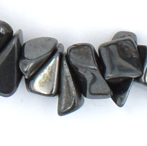 high quality bracelet made using elastic and Hematite chips. polished grey/black colouring with some dark silver hues.. close up.