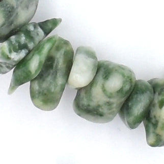 high quality bracelet made using elastic and Green Spot Jade chips. green and white colouring. 1 bracelet. close up.