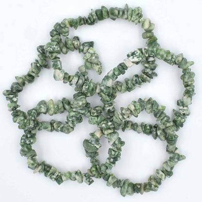 high quality bracelet made using elastic and Green Spot Jade chips. green and white colouring. 5 bracelets