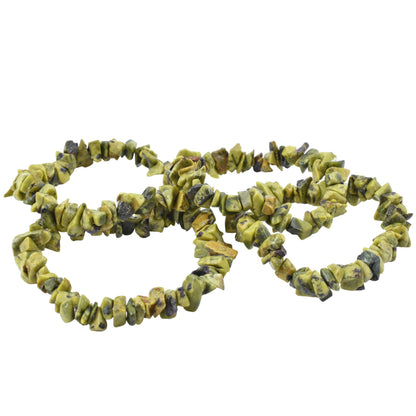 high quality bracelets made using elastic and stichtite in serpentine chips. colour is murky green. 4 bracelets