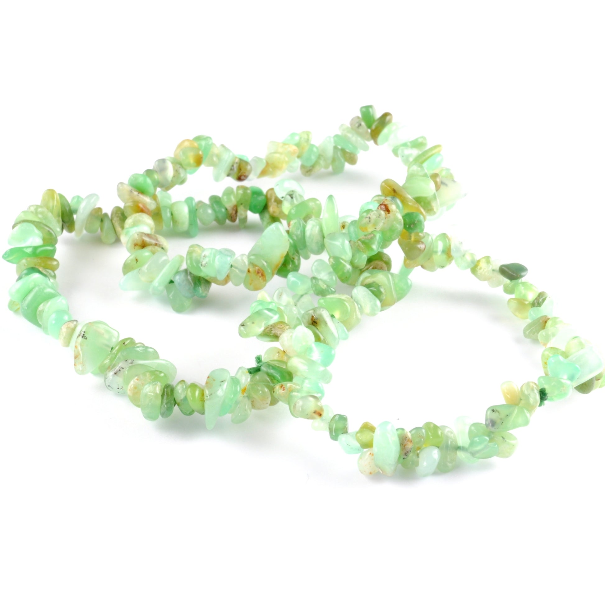 high quality bracelet made using elastic and Green Chrysoprase chips. vibrant light green with some darker hues.. 3 bracelets