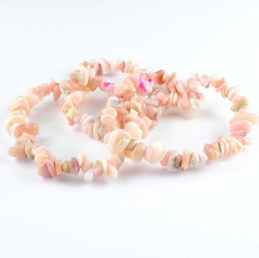 high quality bracelet made using elastic and pink opal chips. Pale baby pink in colour with green hues. 3 bracelets