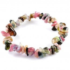 high quality bracelet made using elastic and Rainbow Tourmaline chips. mulit-coloured chips. colours are predominately pink, green, black, clear with some peachy hues. 1 bracelet